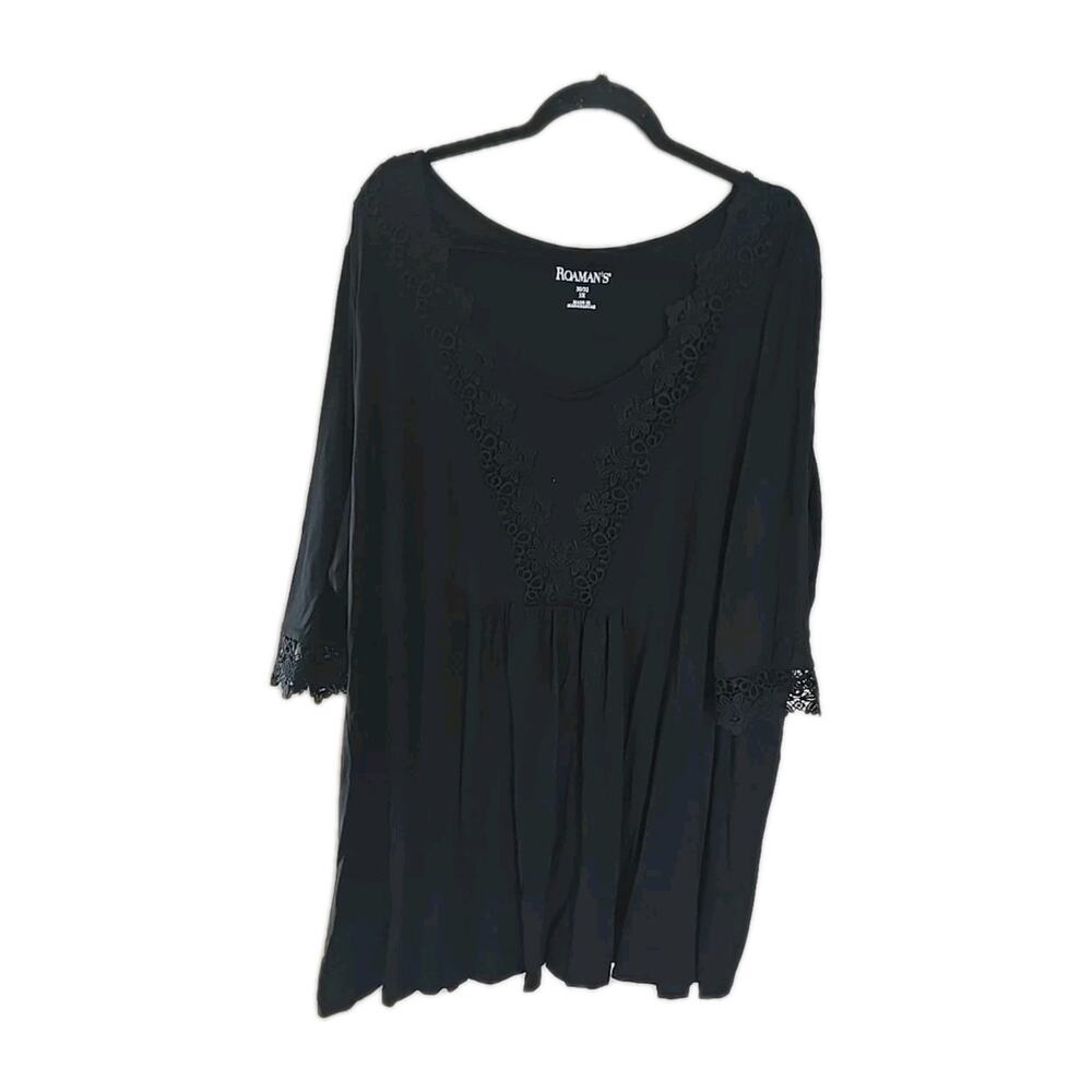 Roaman's Black Crochet Floral Relaxed 3/4 Sleeve Casual‎ Top Womans Plus Size 3X
